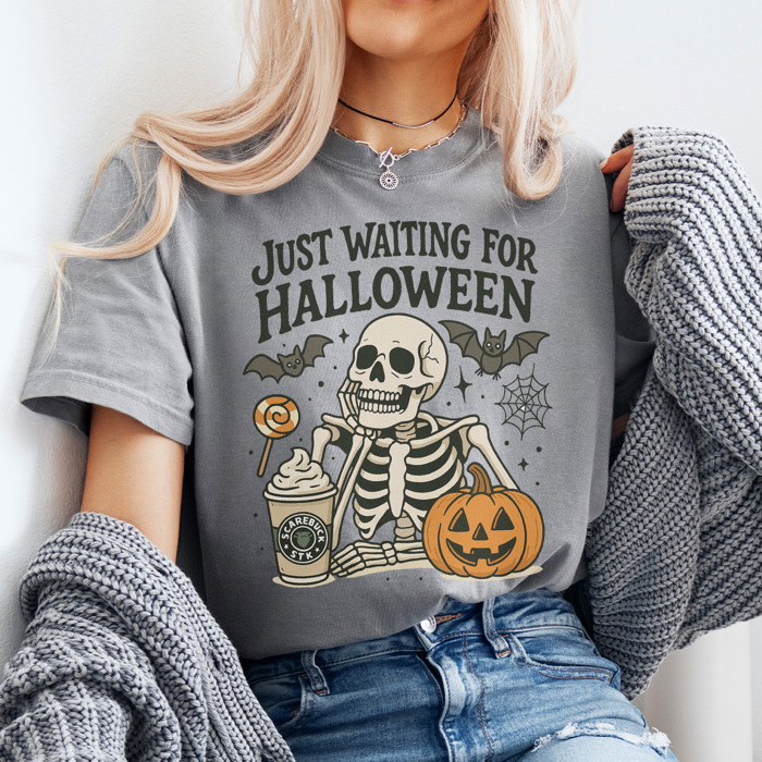 Just Waiting For Halloween Graphic Tee, Funny Halloween Shirt, Skelenton Tee, Hallowen Graphic Tee