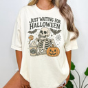 Large Ivory Just Waiting For Halloween Graphic Tee, Funny Halloween Shirt, Skelenton Tee, Hallowen Graphic Tee