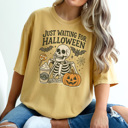 XL Mustard Just Waiting For Halloween Graphic Tee, Funny Halloween Shirt, Skelenton Tee, Hallowen Graphic Tee