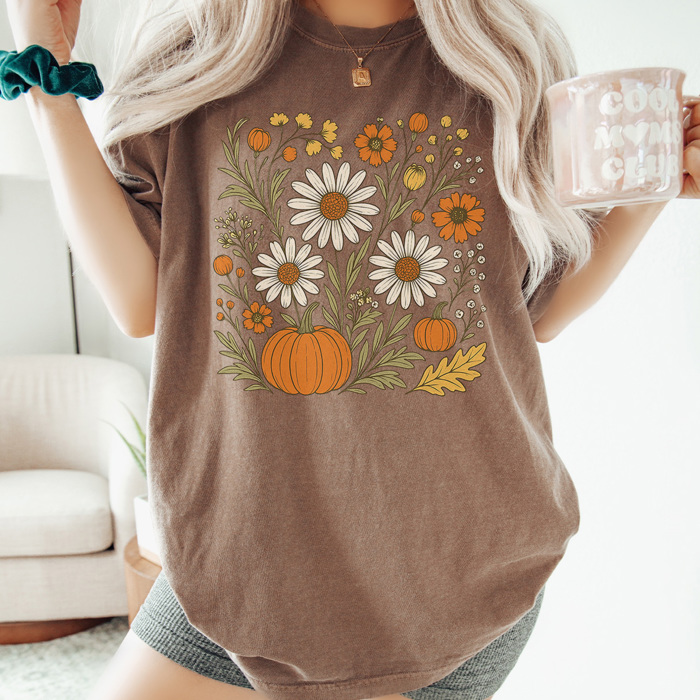 Trendy Fall Flowers Graphic Tee, Cute Fall Shirt, Fall Wardrobe, Pumpkin Graphic Tee, Fall Flowers Shirt