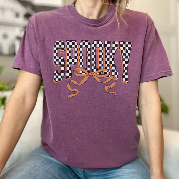 Spooky Checkered Graphic Tee, Cute Halloween Shirt, Spooky Season Shirt, Comfort Colors
