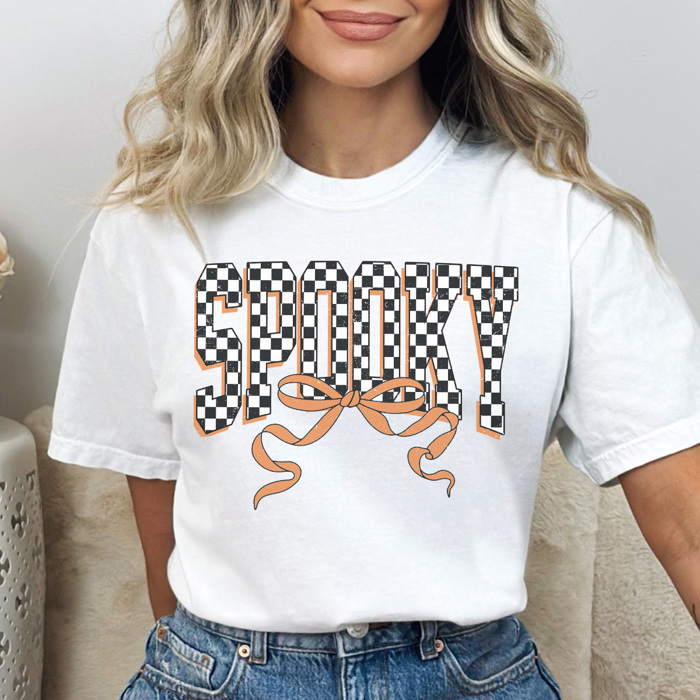 Spooky Checkered Graphic Tee, Cute Halloween Shirt, Spooky Season Shirt, Comfort Colors