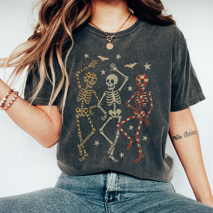 Dancing Trendy Skeletons Graphic Tee, Cute Halloween Shirt, Trendy Halloween, Skeleton Shirt, Spooky Season