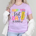 Medium Lilac Happy First Day Bright Graphic Tee, Cute Teacher Tee, Back To School Shirt, Teacher Appreciation