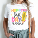 XL White Happy First Day Bright Graphic Tee, Cute Teacher Tee, Back To School Shirt, Teacher Appreciation