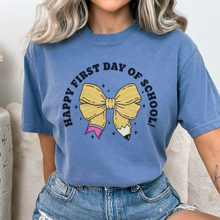Happy First Day Coquette Bow Graphic Tee, Back To School Shirt, Cute Teacher Shirt, Teacher Appreciation