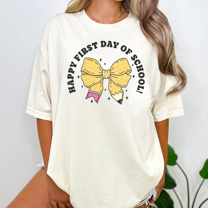 Happy First Day Coquette Bow Graphic Tee, Back To School Shirt, Cute Teacher Shirt, Teacher Appreciation