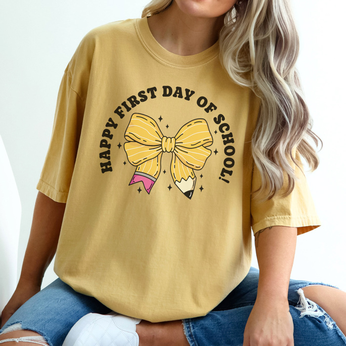 Happy First Day Coquette Bow Graphic Tee, Back To School Shirt, Cute Teacher Shirt, Teacher Appreciation