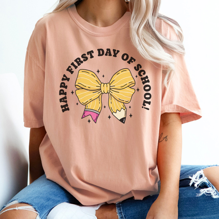 Happy First Day Coquette Bow Graphic Tee, Back To School Shirt, Cute Teacher Shirt, Teacher Appreciation