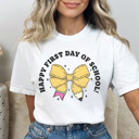  Happy First Day Coquette Bow Graphic Tee, Back To School Shirt, Cute Teacher Shirt, Teacher Appreciation