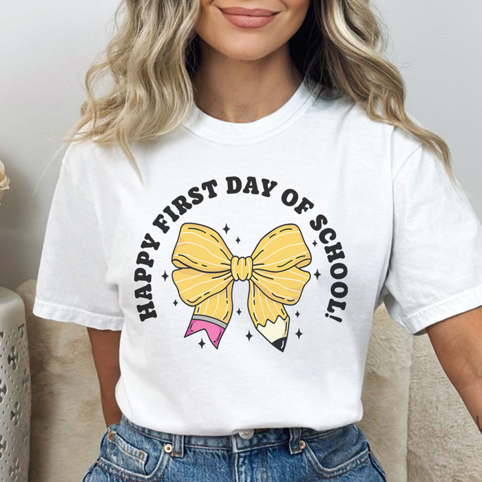 Happy First Day Coquette Bow Graphic Tee, Back To School Shirt, Cute Teacher Shirt, Teacher Appreciation