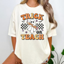 Medium Ivory Trick Or Teach Graphic Tee, Halloween Teacher Shirt, Cute Halloween Tee, Teacher Graphic Tee
