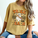 Medium Mustard Trick Or Teach Graphic Tee, Halloween Teacher Shirt, Cute Halloween Tee, Teacher Graphic Tee