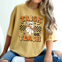 XXL Mustard Trick Or Teach Graphic Tee, Halloween Teacher Shirt, Cute Halloween Tee, Teacher Graphic Tee