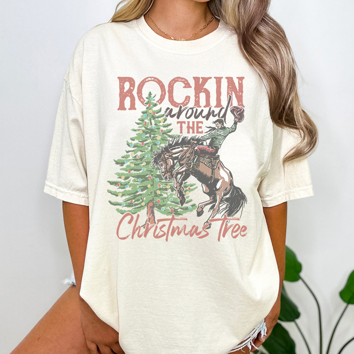 Rockin Around The Christmas Tree Cowboy, Western Christmas Shirt, Cowboy Christmas Shirt, Vintage Christmas Graphic Tee, Western Tee