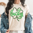 Large Cream Lucky Clover Faux Sparkle Graphic Tee, St. Patricks Day Shirt, Saint Patty Tee, Clover Shirt, Funny Graphic Tee