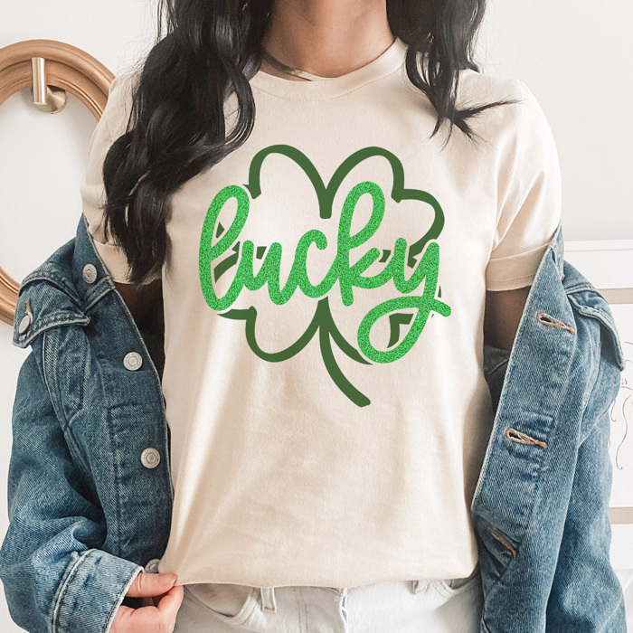 Lucky Clover Faux Sparkle Graphic Tee, St. Patricks Day Shirt, Saint Patty Tee, Clover Shirt, Funny Graphic Tee