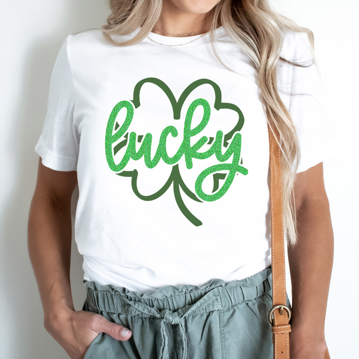 Lucky Clover Faux Sparkle Graphic Tee, St. Patricks Day Shirt, Saint Patty Tee, Clover Shirt, Funny Graphic Tee