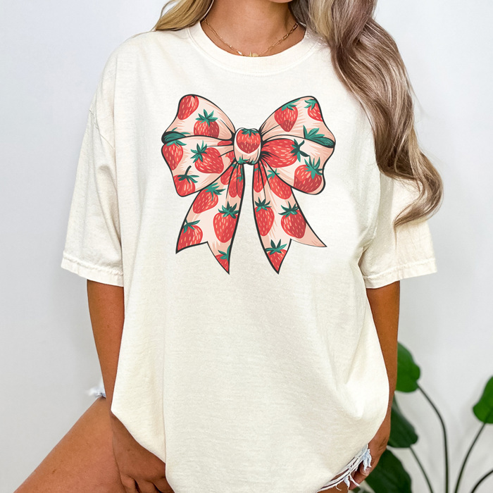 Strawberry Coquette Bow Graphic Tee, Strawberry Shirt, Trendy Tee, Summer Graphic Tee