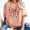  Strawberry Coquette Bow Graphic Tee, Strawberry Shirt, Trendy Tee, Summer Graphic Tee