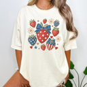 Large Ivory 4th of July Strawberry Graphic Tee, Fourth of July Tee, Strawberry Tee, Summer Graphic Tee