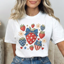 Medium White 4th of July Strawberry Graphic Tee, Fourth of July Tee, Strawberry Tee, Summer Graphic Tee