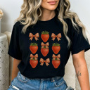 Large Black Strawberry Gingham Bow Graphic Tee, Coquette Tee, Trendy Tee, Summer Graphic Tee