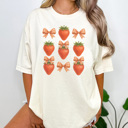 Large Ivory Strawberry Gingham Bow Graphic Tee, Coquette Tee, Trendy Tee, Summer Graphic Tee