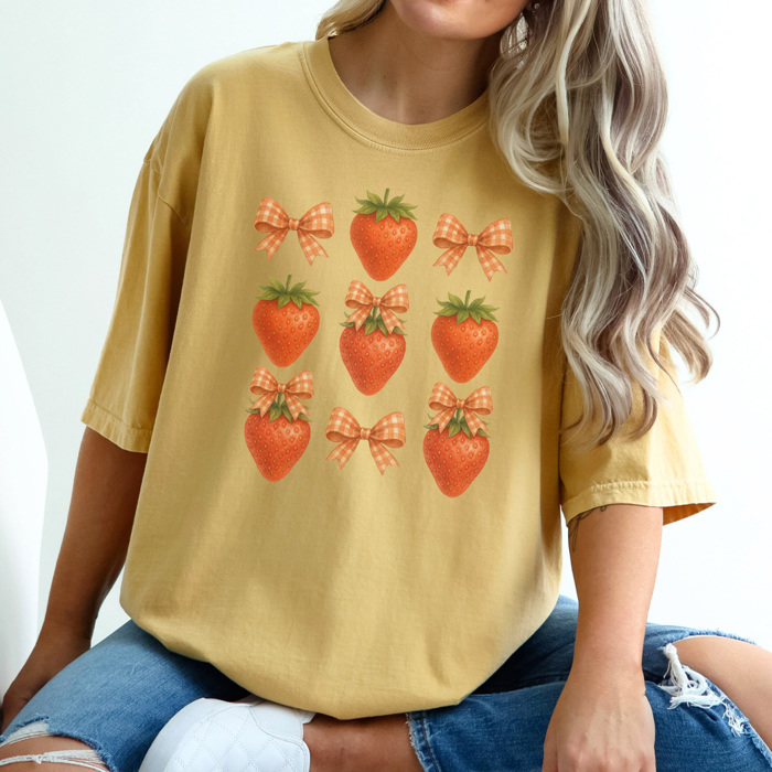 Strawberry Gingham Bow Graphic Tee, Coquette Tee, Trendy Tee, Summer Graphic Tee
