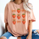Small Peachy Strawberry Gingham Bow Graphic Tee, Coquette Tee, Trendy Tee, Summer Graphic Tee