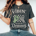 XXL Pepper Vibin With My Demons Graphic Tee, Halloween Graphic Tee, Trendy Halloween, Zombie Shirt, Skeleton Shirt