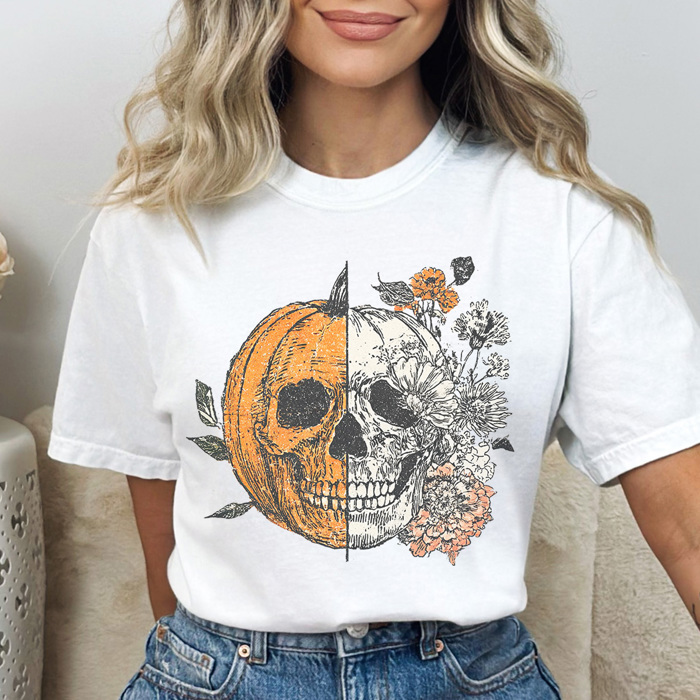 Halloween Pumpkin Skull Graphic Tee, Cute Halloween Tee, Vintage Halloween, Trendy Shirt