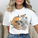 Small White Halloween Pumpkin Skull Graphic Tee, Cute Halloween Tee, Vintage Halloween, Trendy Shirt