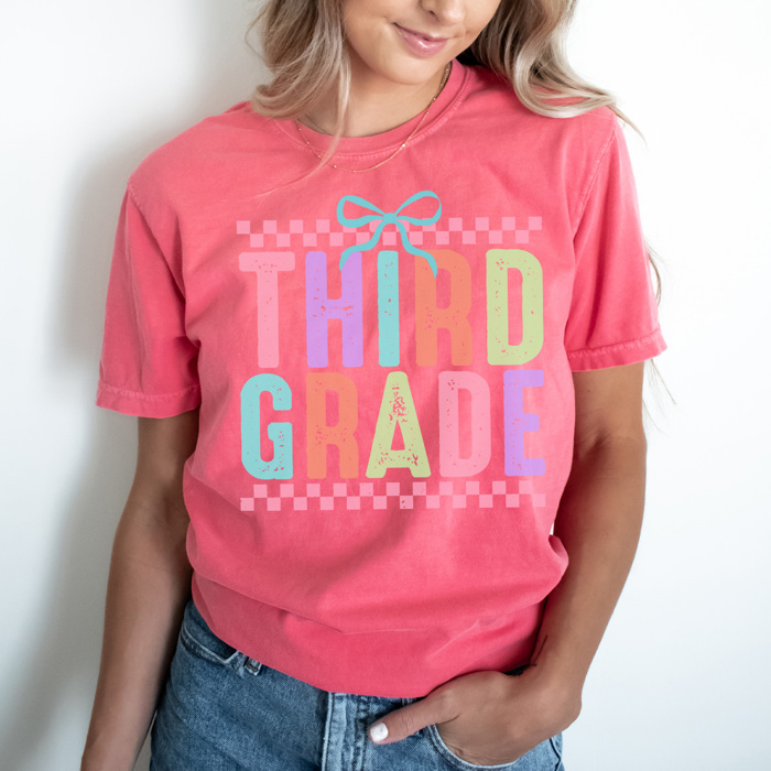 Neon Checkered Grade Graphic Tee, Back to School Shirt, Cute Teacher Shirt, Happy First Day Shirt