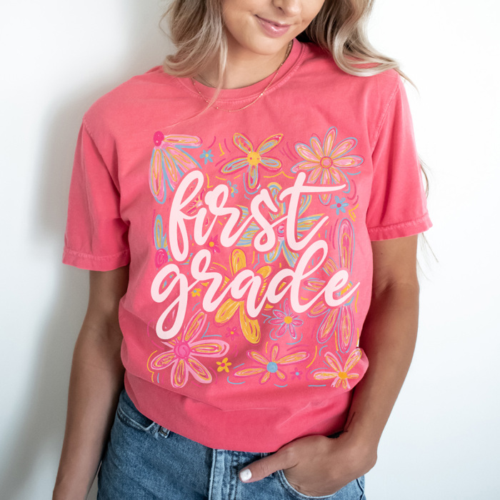 Neon Flower Grades Graphic Tee, Cute Teacher Tee, Back to School Shirt, Grade Level Tees