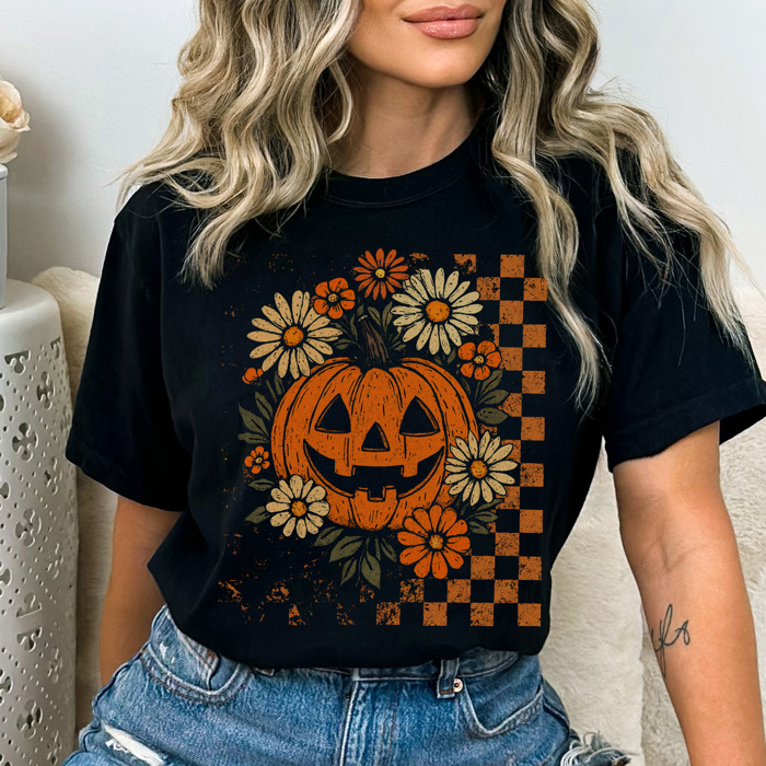 Trendy Checkered Halloween Graphic Tee, Spooky Season Tee, Halloween Shirt, Vintage Tee, Comfort Colors
