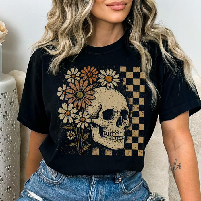 Trendy Checkered Halloween Graphic Tee, Spooky Season Tee, Halloween Shirt, Vintage Tee, Comfort Colors