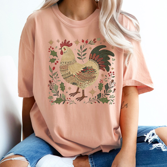 Festive Chicken Graphic Tee, Christmas Chicken Shirt, Chicken Mama Tee, Christmas Gift Tee