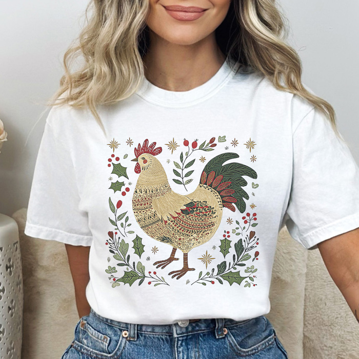 Festive Chicken Graphic Tee, Christmas Chicken Shirt, Chicken Mama Tee, Christmas Gift Tee