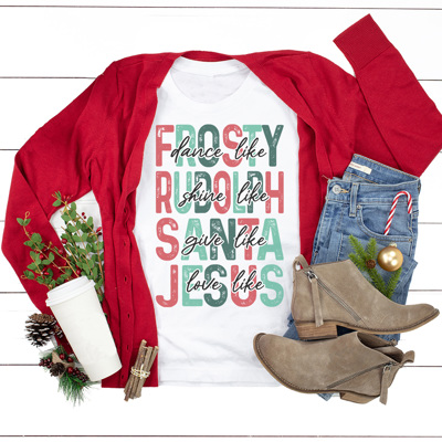Dance Like Frosty Graphic Tee, Shine Like Rudolph Shirt, Give Like Santa Tee, Love Like Jesus Shirt, Christian Christmas Tee