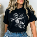 Small Black Trendy Cupid Graphic Tee, Pixel Art Shirt, Valentine's Day Graphic Tee, Cute Cupid Tee