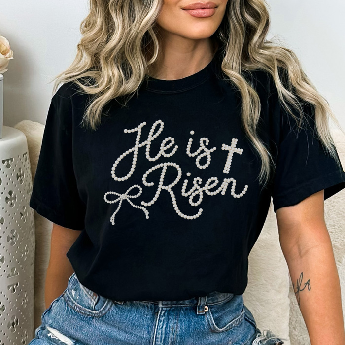 He Is Risen Faux Pearl Graphic Tee, Easter Graphic Tee, Cute Easter Shirt, Christian Tee