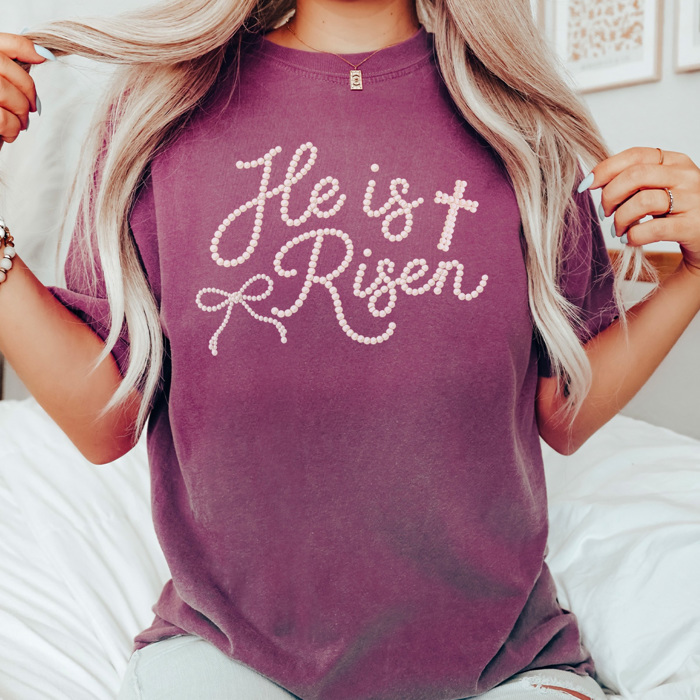 He Is Risen Faux Pearl Graphic Tee, Easter Graphic Tee, Cute Easter Shirt, Christian Tee
