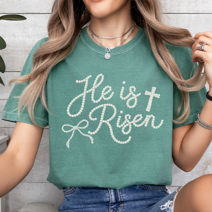 He Is Risen Faux Pearl Graphic Tee, Easter Graphic Tee, Cute Easter Shirt, Christian Tee