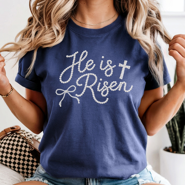 He Is Risen Faux Pearl Graphic Tee, Easter Graphic Tee, Cute Easter Shirt, Christian Tee