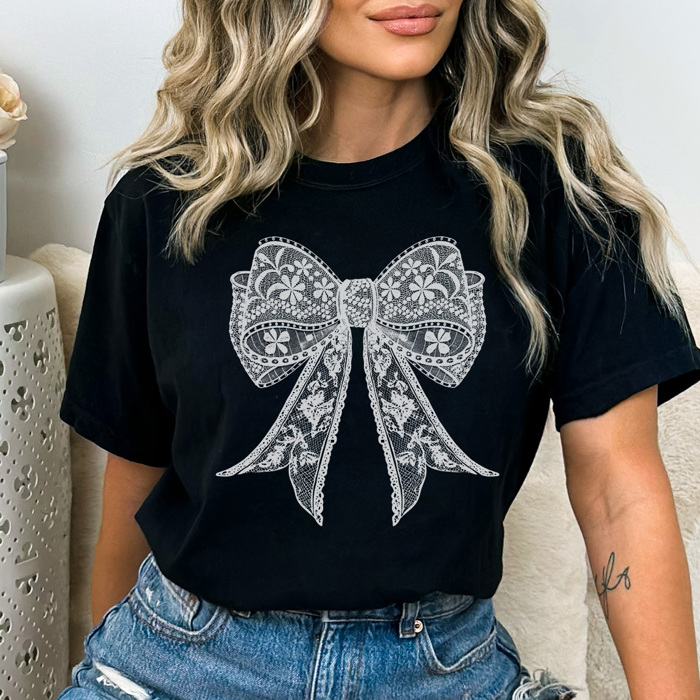 Spring Faux Lace Coquette Bow Graphic Tee, Cute Spring Top, Bow Graphic Tee, Trendy Shirt, Comfort Colors
