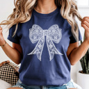 XL Navy Spring Faux Lace Coquette Bow Graphic Tee, Cute Spring Top, Bow Graphic Tee, Trendy Shirt, Comfort Colors