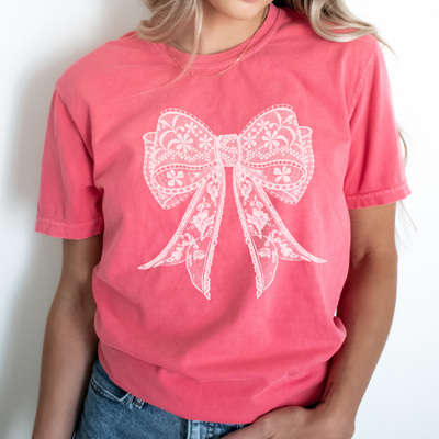 Spring Faux Lace Coquette Bow Graphic Tee, Cute Spring Top, Bow Graphic Tee, Trendy Shirt, Comfort Colors