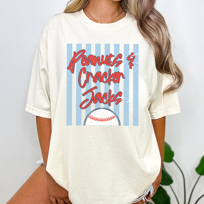 Peanuts and Cracker Jacks Stripe Graphic Tee, Game Day Tee, Baseball Mama, Comfort Colors