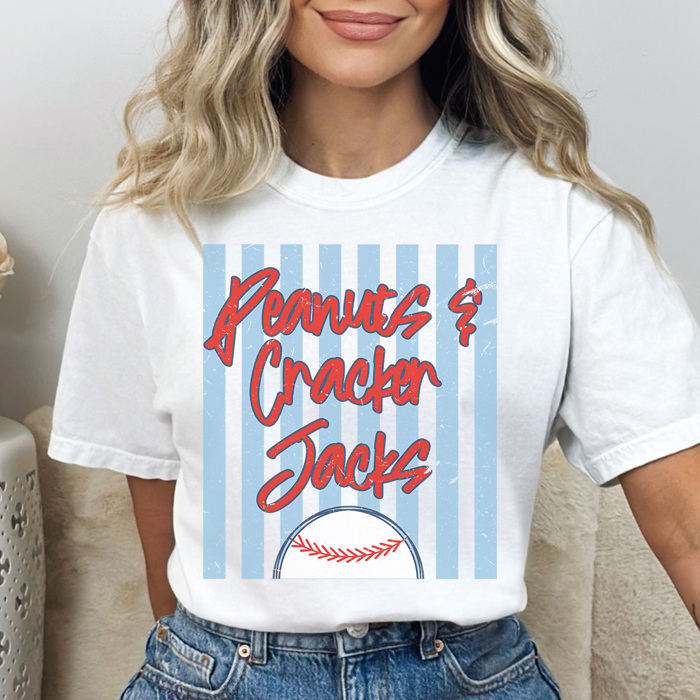 Peanuts and Cracker Jacks Stripe Graphic Tee, Game Day Tee, Baseball Mama, Comfort Colors